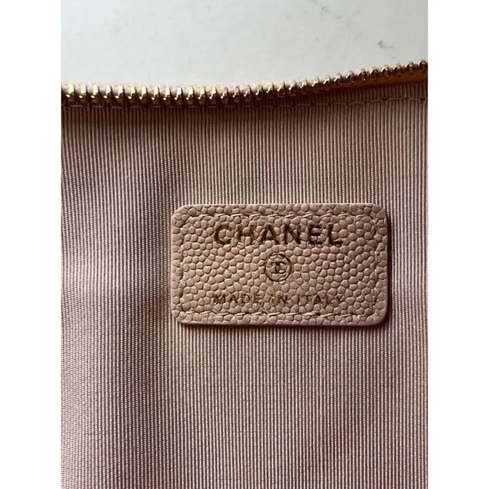 Chanel Caviar Chevron Quilted Large Beige Leather Cosmetic Clutch Bag